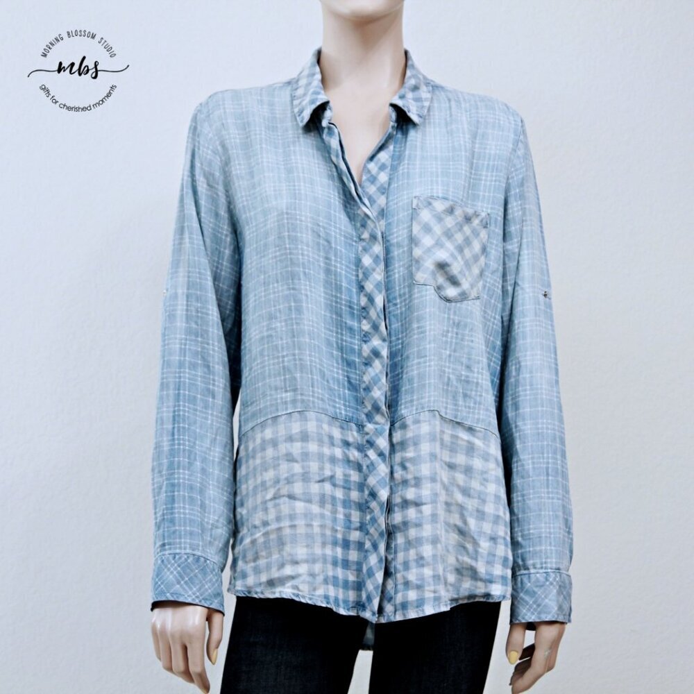 NWOT Korye Checkered Plaid Long Sleeve Roll Tab Button Down Shirt Blue Women XL - Picture 6 of 13